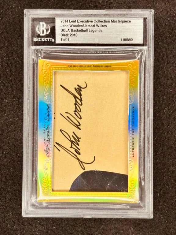 John Wooden Jamaal Wilkes 2014 Leaf Masterpiece Cut Signature certified signed card 1/1 JSA UCLA - AutographsForSale.com