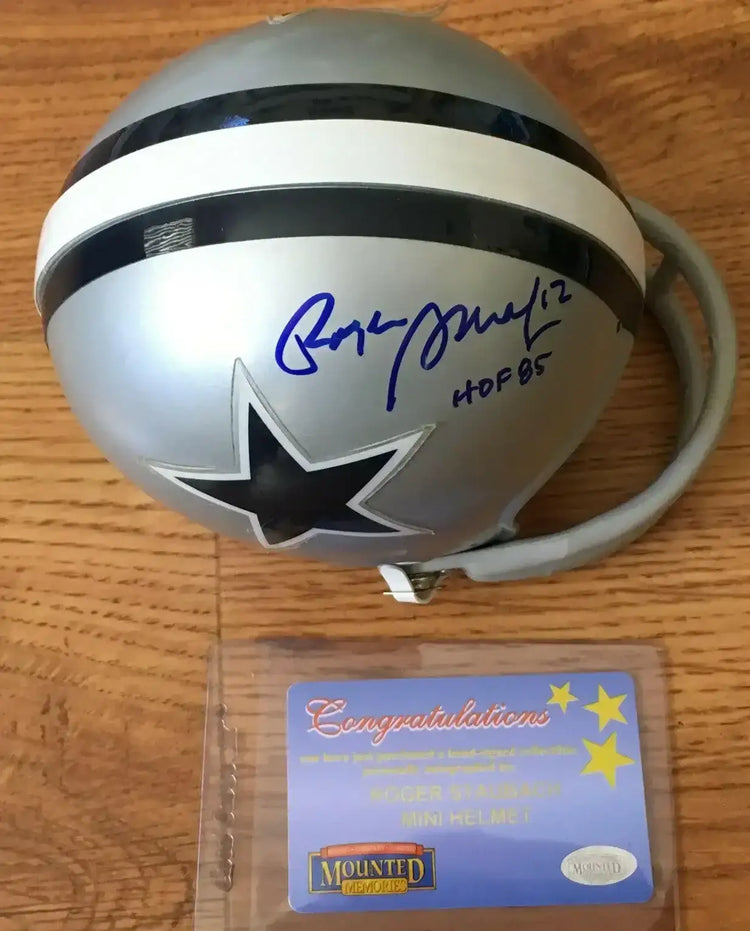 Roger Staubach autographed Dallas Cowboys mini helmet inscribed HOF 85 Mounted Memories - AutographsForSale.com
