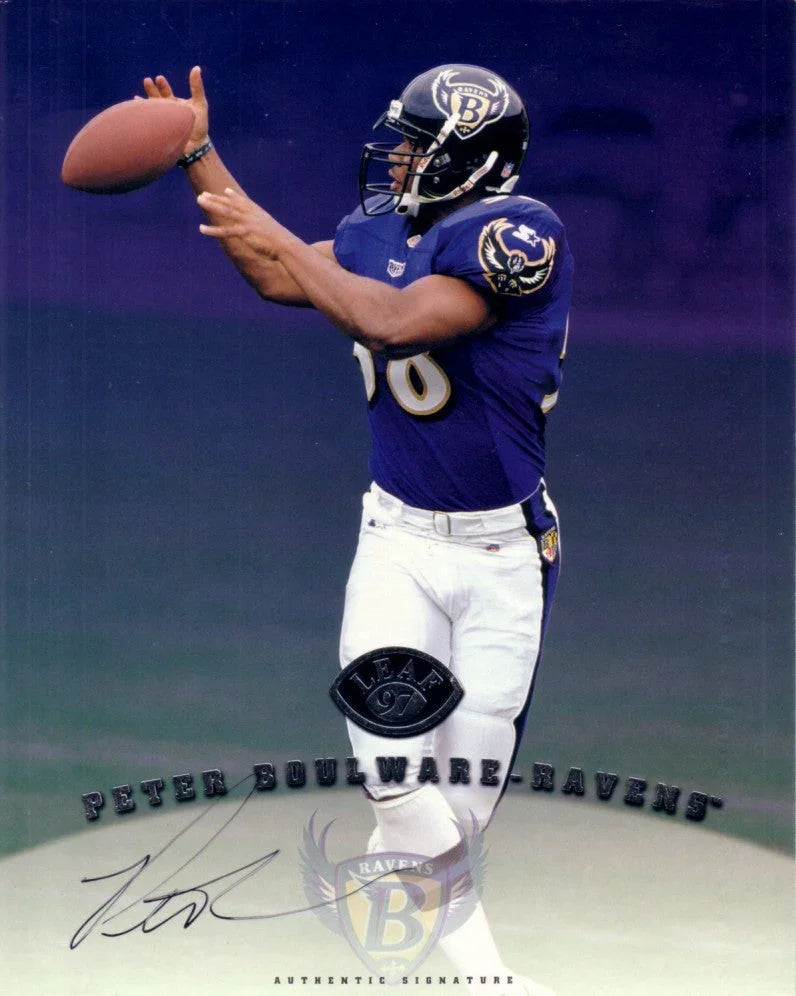 Peter Boulware certified signed Ravens 1997 Leaf 8x10 card - AutographsForSale.com
