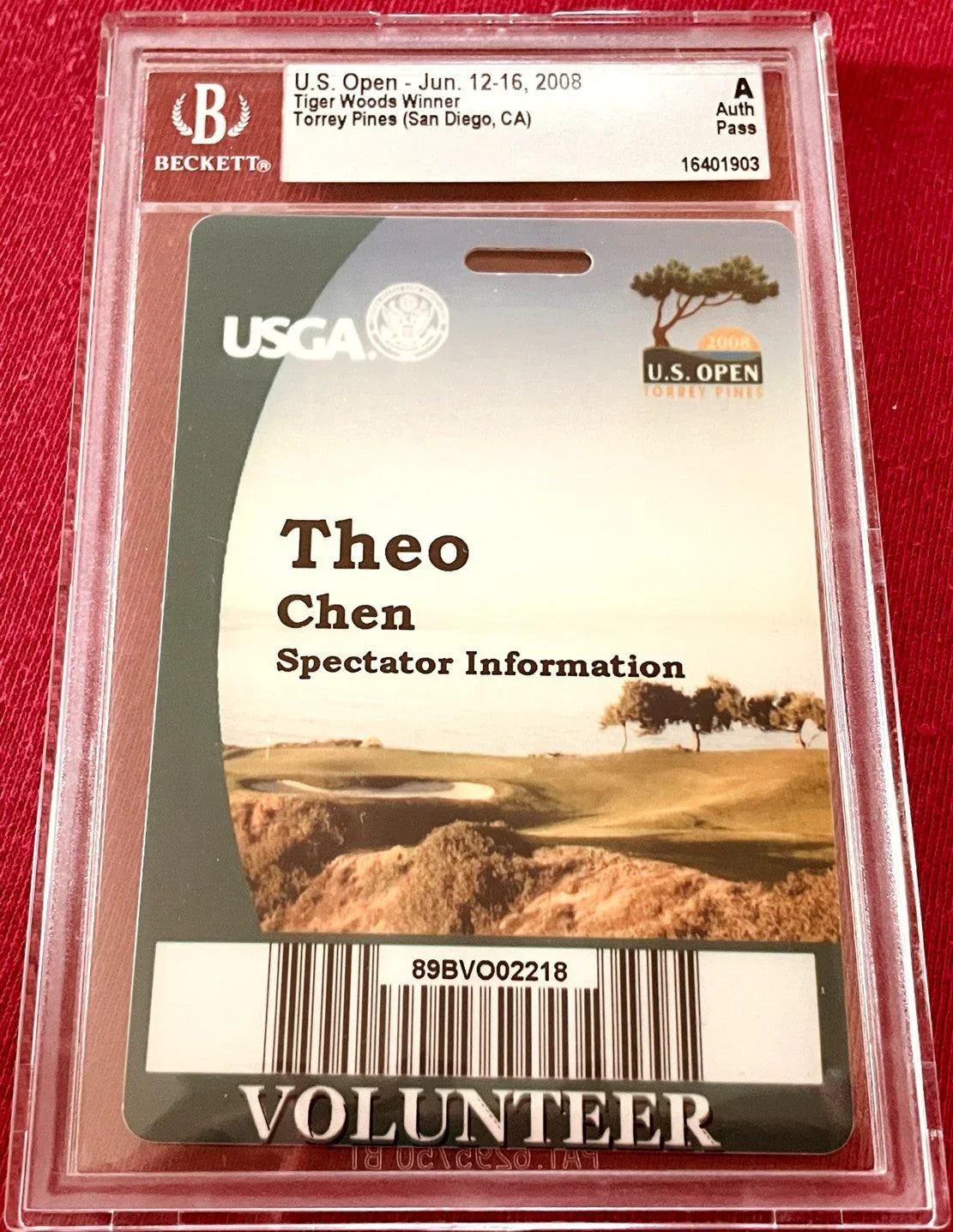 2008 US Open volunteer golf badge BAS certified Tiger Woods career major win 14 - AutographsForSale.com
