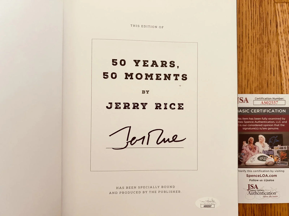 Jerry Rice signed 50 Years 50 Moments Super Bowl book JSA 49ers - AutographsForSale.com