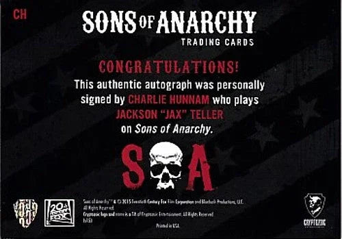 Charlie Hunnam certified autograph Sons of Anarchy 2015 Cryptozoic card CH - AutographsForSale.com