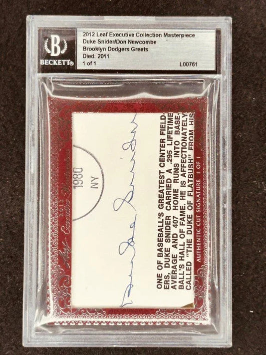 Duke Snider & Don Newcombe 2012 Leaf Masterpiece Cut Signature certified signed card 1/1 JSA Dodgers - AutographsForSale.com