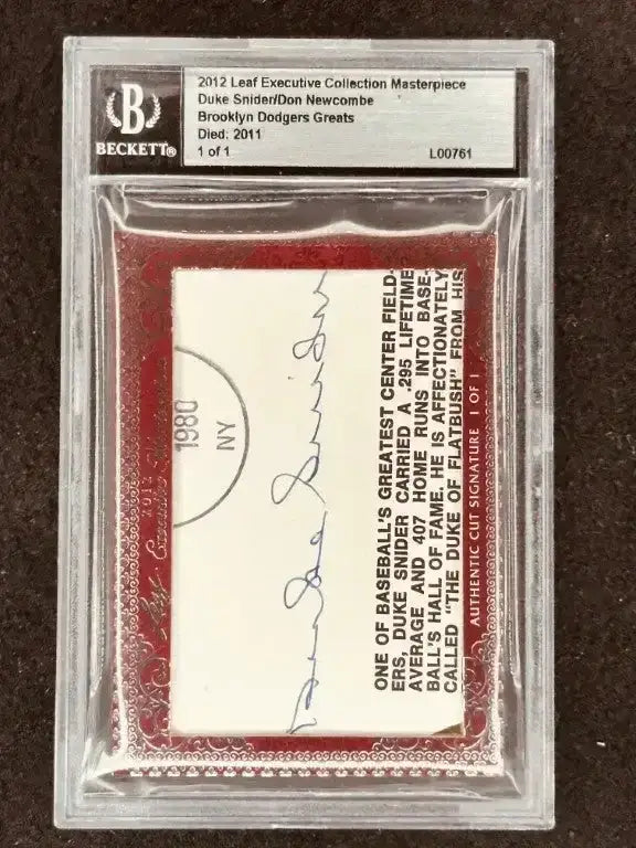 Duke Snider & Don Newcombe 2012 Leaf Masterpiece Cut Signature certified signed card 1/1 JSA Dodgers - AutographsForSale.com