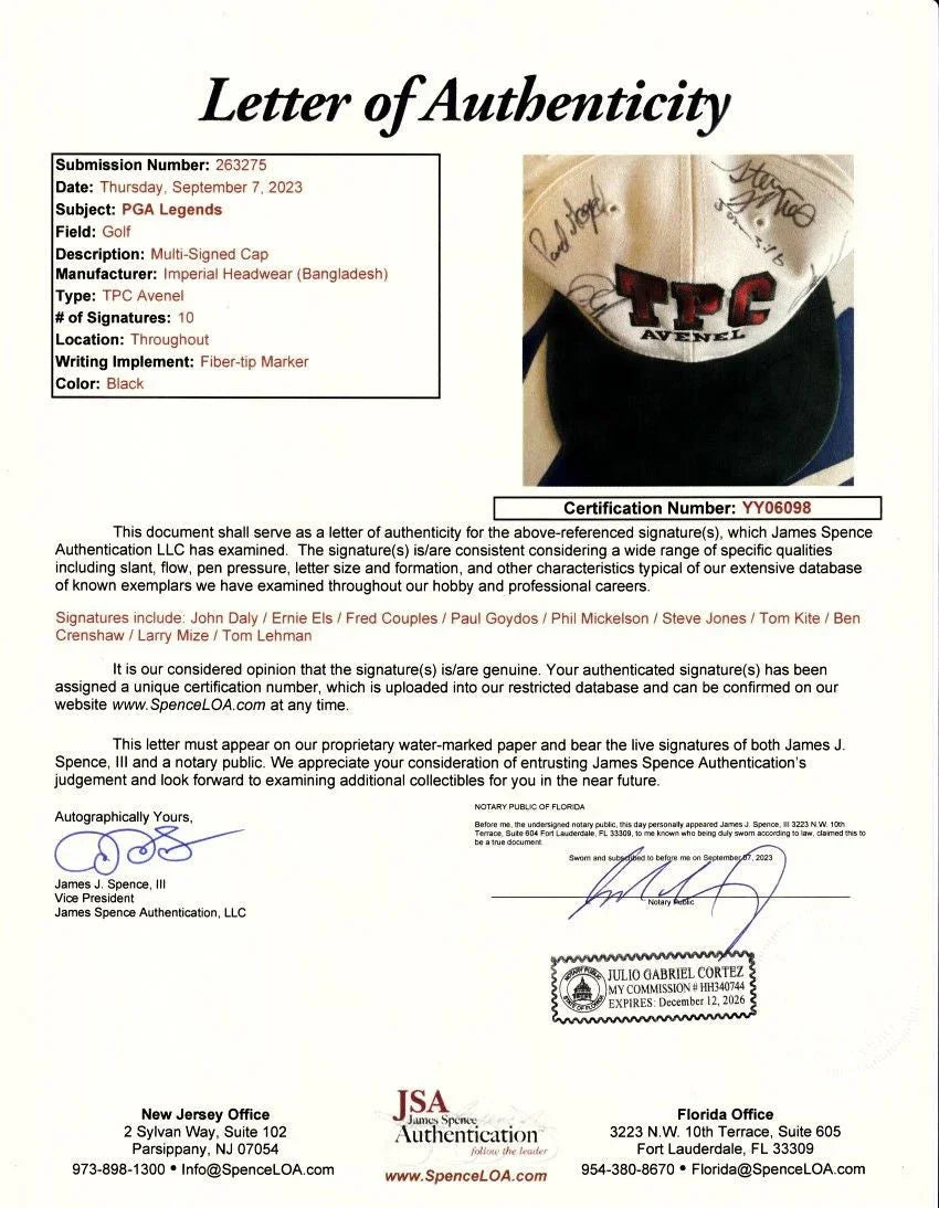 Phil Mickelson Fred Couples Ben Crenshaw John Daly Ernie Els Tom Kite autographed TPC Avenel golf cap or hat JSA - AutographsForSale.com