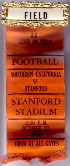 1938 USC Trojans at Stanford Cardinal college football field access pin with ribbon - AutographsForSale.com