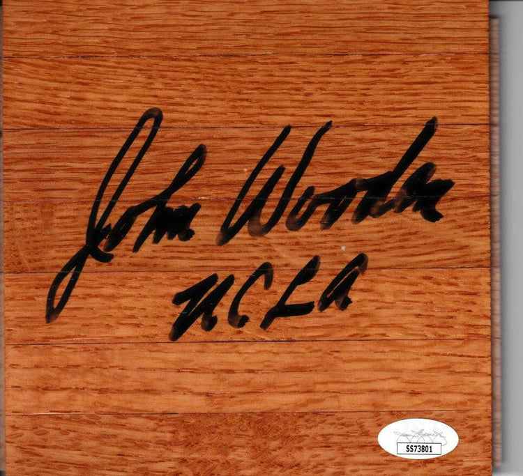 John Wooden autographed 6x6 basketball hardwood floor inscribed UCLA (JSA) - AutographsForSale.com