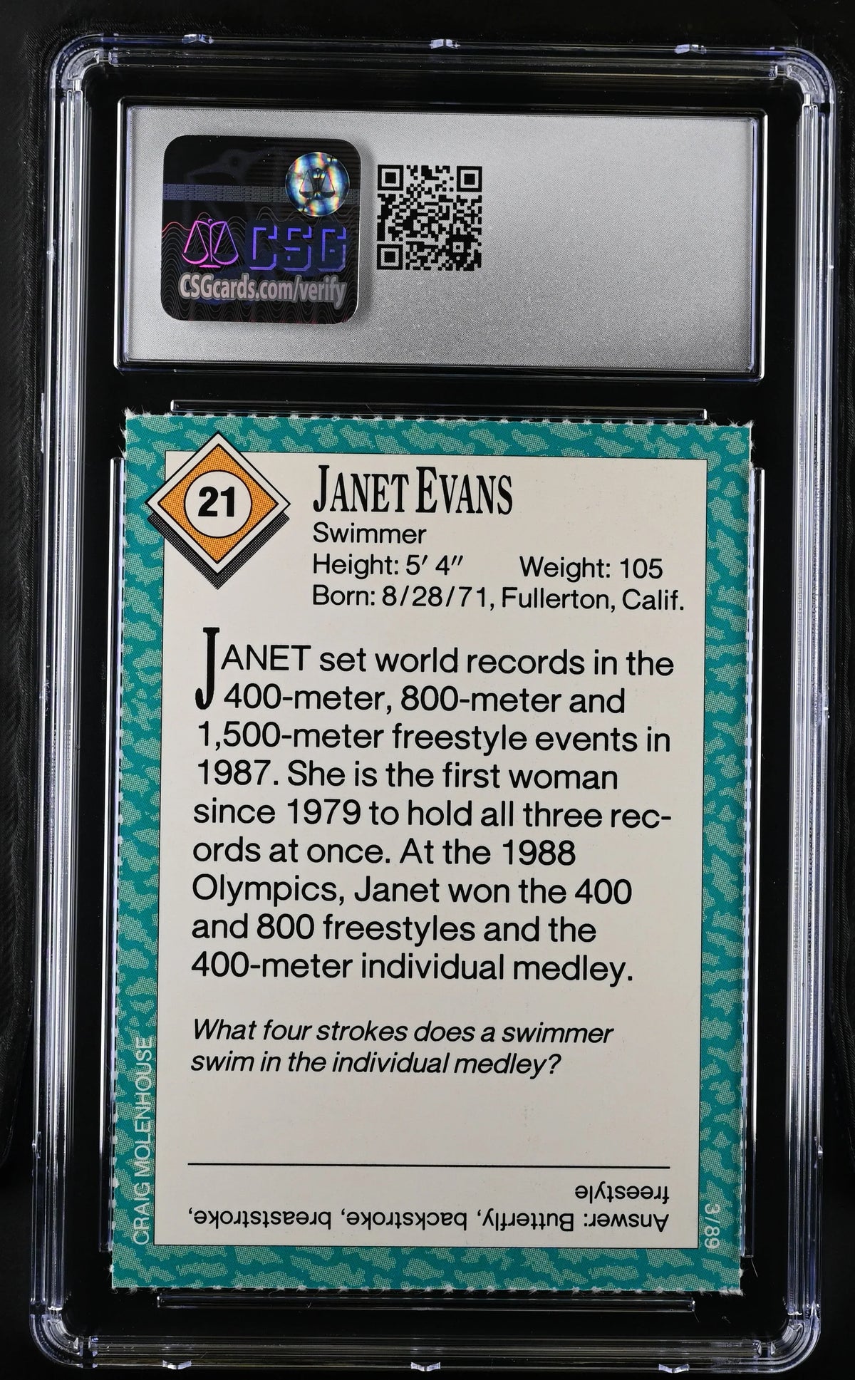 Janet Evans 1989 Sports Illustrated for Kids swimming Rookie Card CSG graded 9 MINT - AutographsForSale.com