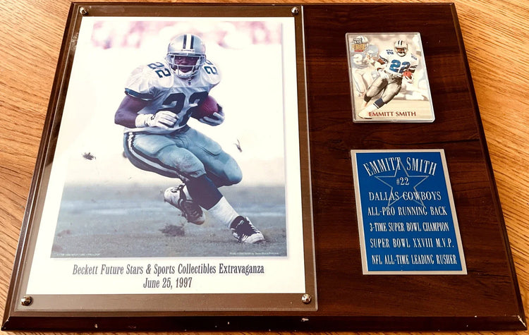 Emmitt Smith Dallas Cowboys 1997 Beckett 8x10 photo and 1992 card in 12x15 plaque - AutographsForSale.com
