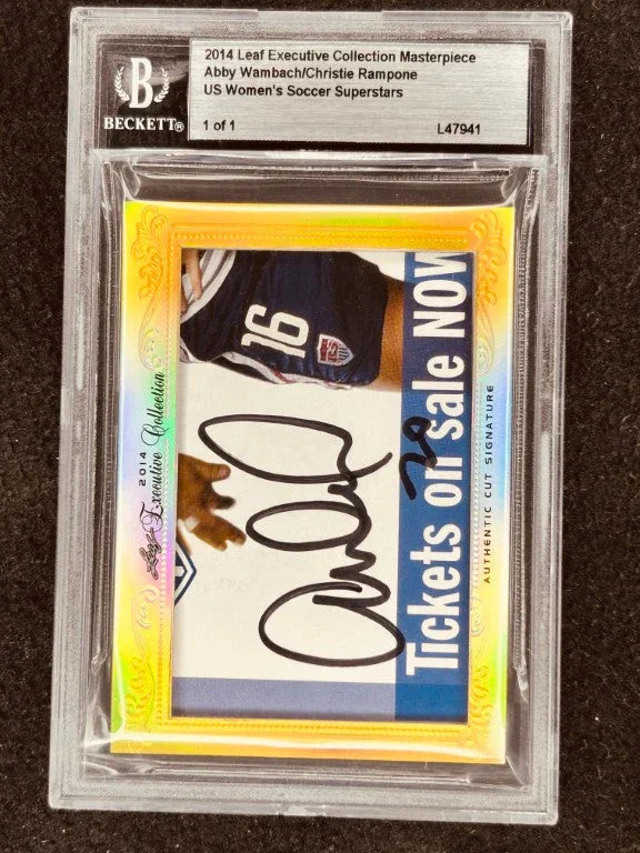 Abby Wambach & Christie Rampone 2014 Leaf Masterpiece Cut Signature card 1/1 JSA USWNT - AutographsForSale.com