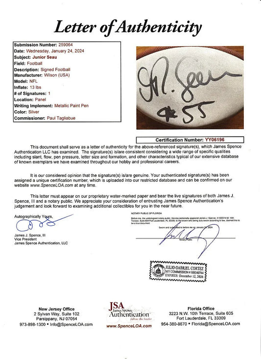 Junior Seau autographed Wilson NFL white panel football JSA Chargers - AutographsForSale.com