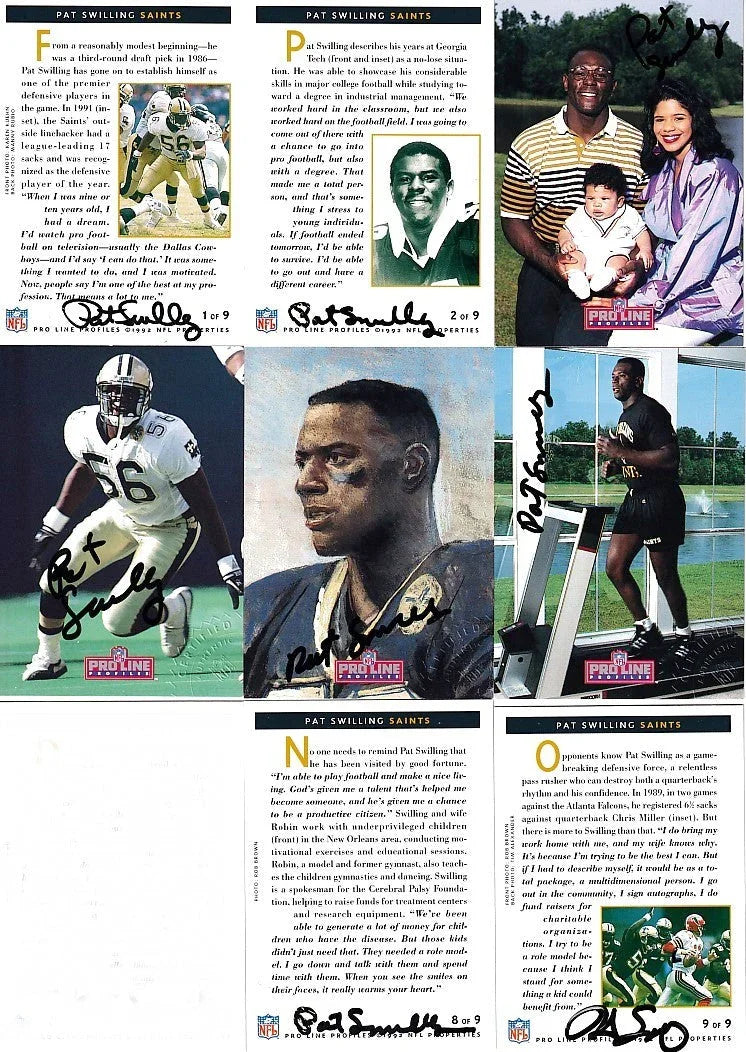 Pat Swilling certified autograph New Orleans Saints 1992 Pro Line Profiles 8 card set - AutographsForSale.com
