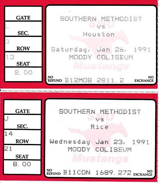 2 1991 SMU Mustangs college basketball ticket stubs vs Houston and Rice - AutographsForSale.com