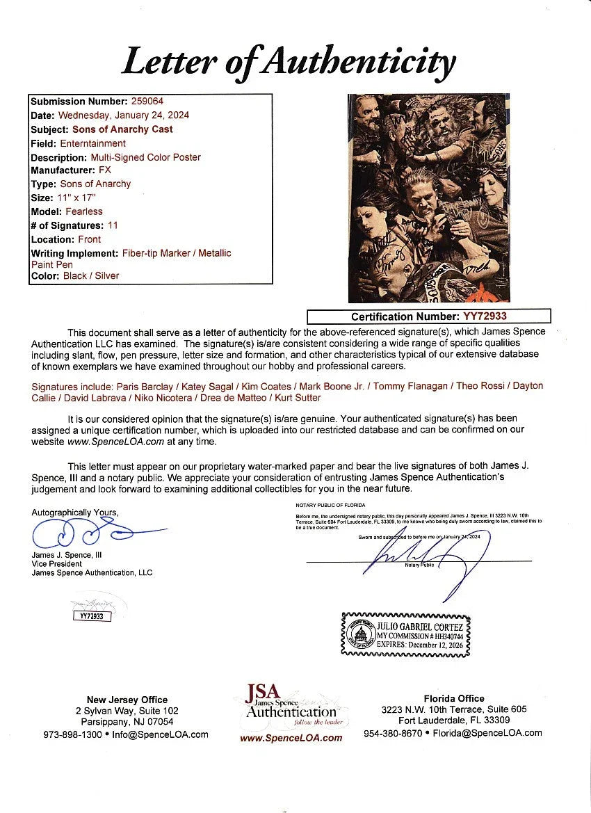 Sons of Anarchy cast signed 2014 SDCC poster Kim Coates Katey Sagal Kurt Sutter JSA - AutographsForSale.com