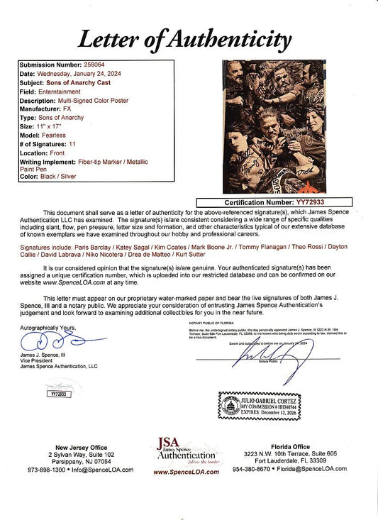 Sons of Anarchy cast signed 2014 SDCC poster Kim Coates Katey Sagal Kurt Sutter JSA - AutographsForSale.com