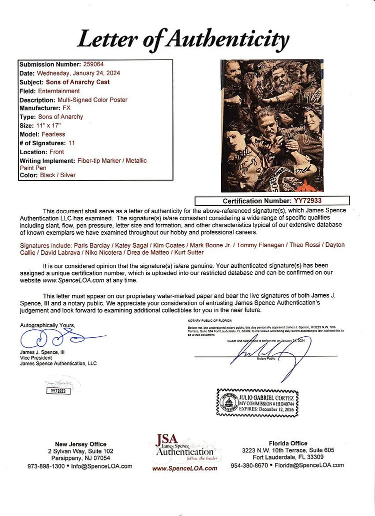 Sons of Anarchy cast signed 2014 SDCC poster Kim Coates Katey Sagal Kurt Sutter JSA - AutographsForSale.com