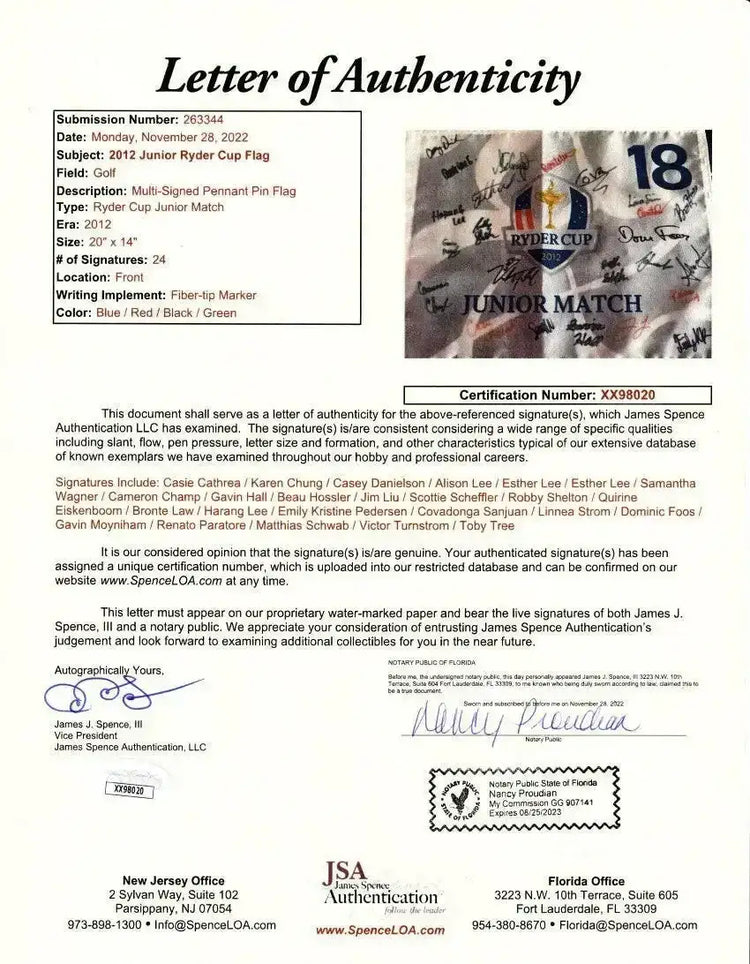 2012 Junior Ryder Cup golf pin Flag autographed By 24 Scottie Scheffler Teen Signature JSA - AutographsForSale.com