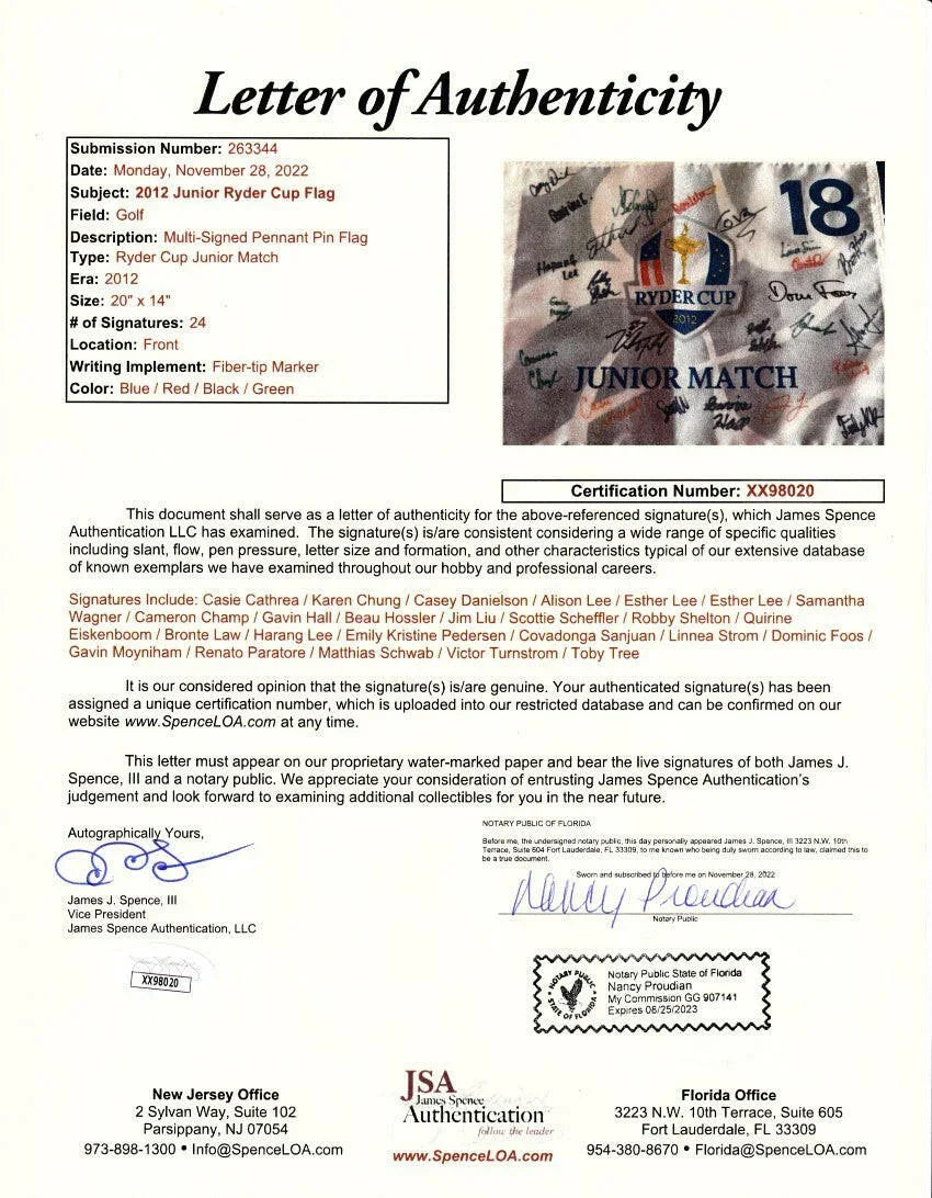 2012 Junior Ryder Cup golf pin flag autographed by 24 (Scottie Scheffler teen signature) JSA - AutographsForSale.com
