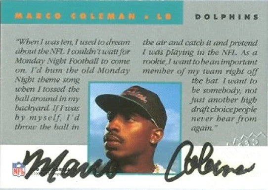 Marco Coleman certified signed Dolphins 1992 Pro Line card - AutographsForSale.com
