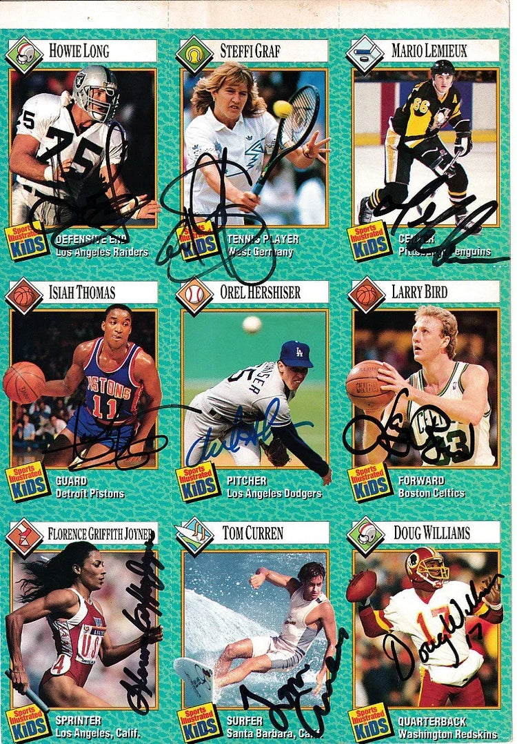 Autographed 1989 Sports Illustrated for Kids card sheet Larry Bird Mario Lemieux Florence Griffith Joyner Steffi Graf JSA - AutographsForSale.com