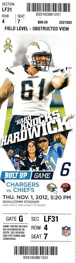2012 SD Chargers vs KC Chiefs ticket Philip Rivers 18-20 passing - AutographsForSale.com