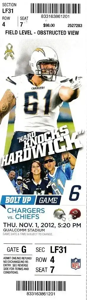 2012 SD Chargers vs KC Chiefs ticket Philip Rivers 18-20 passing - AutographsForSale.com
