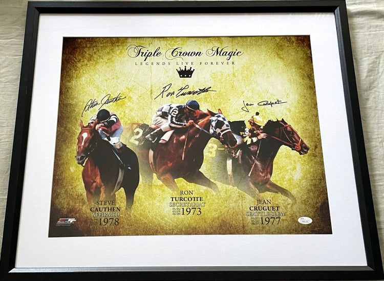 Steve Cauthen Jean Cruguet Ron Turcotte signed Triple Crown 16x20 poster or photo framed JSA - AutographsForSale.com
