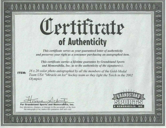 1980 Miracle on Ice USA Hockey Team autographed 2002 Olympic Torch 16x20 photo framed - AutographsForSale.com