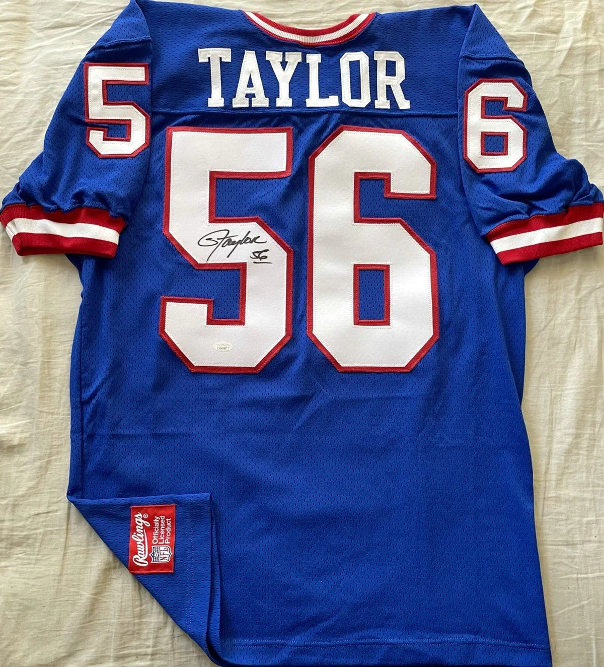 Lawrence Taylor signed NY Giants 80s Rawlings game model blue jersey JSA - AutographsForSale.com
