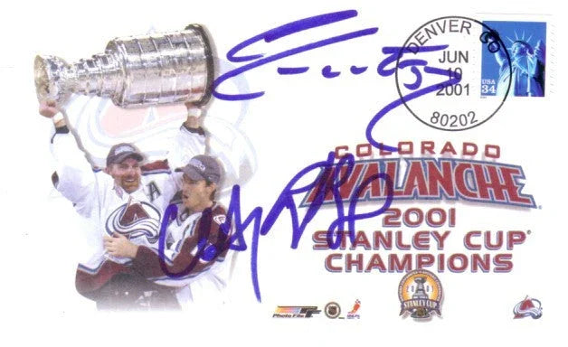 Rob Blake Chris Drury Adam Foote signed Colorado Avalanche 2001 Stanley Cup Champions cachet - AutographsForSale.com