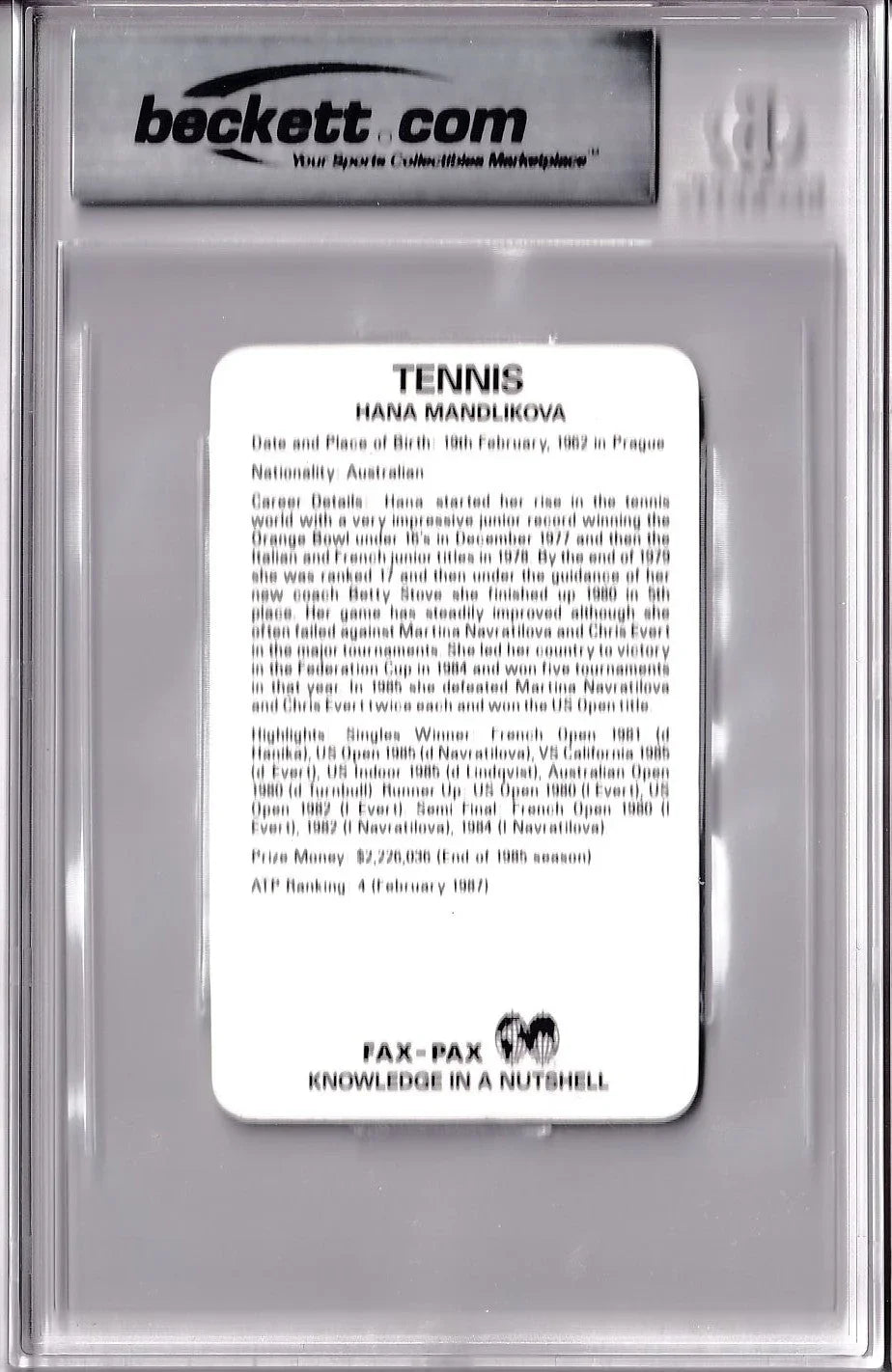 Hana Mandlikova signed 1986 Fax Pax tennis RC BAS certified - AutographsForSale.com