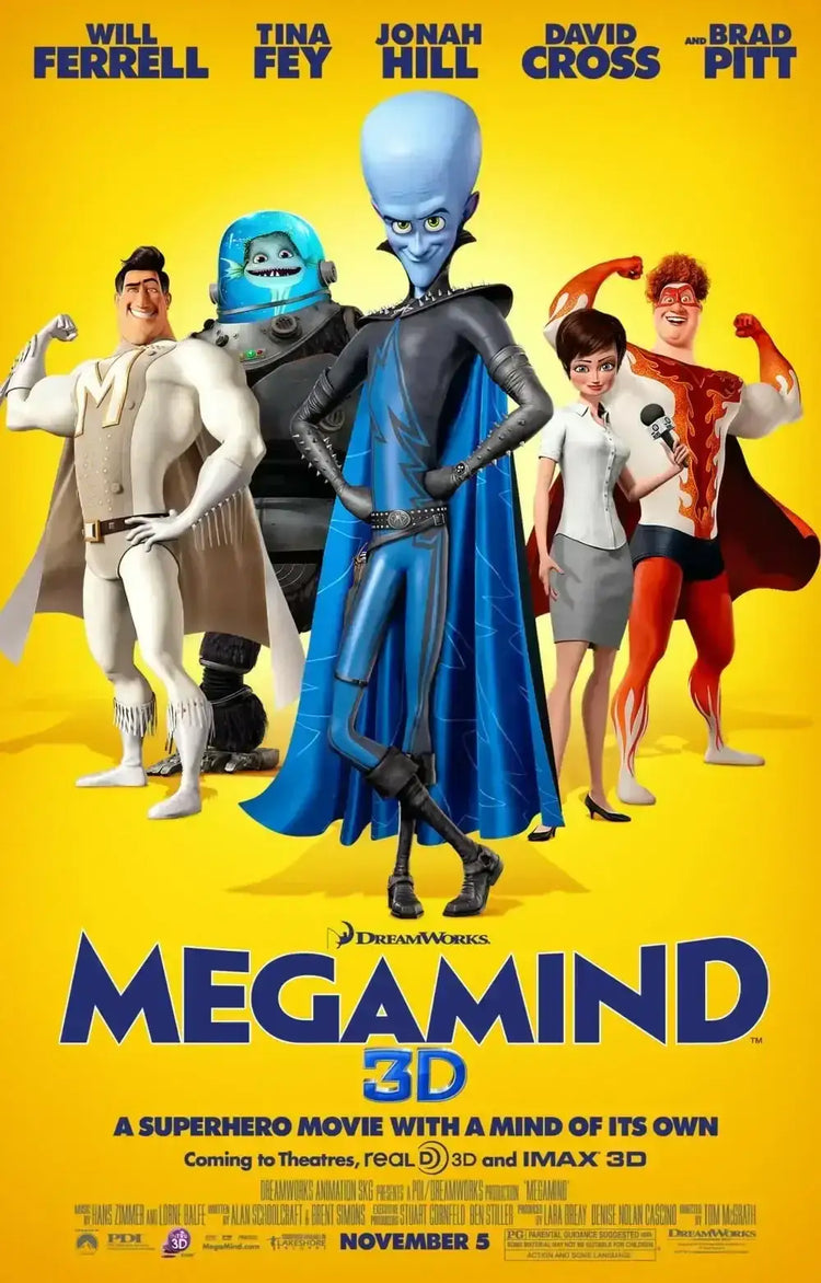 Megamind 3D 2010 mini poster Will Ferrell Tina Fey Jonah Hill Brad Pitt - AutographsForSale.com