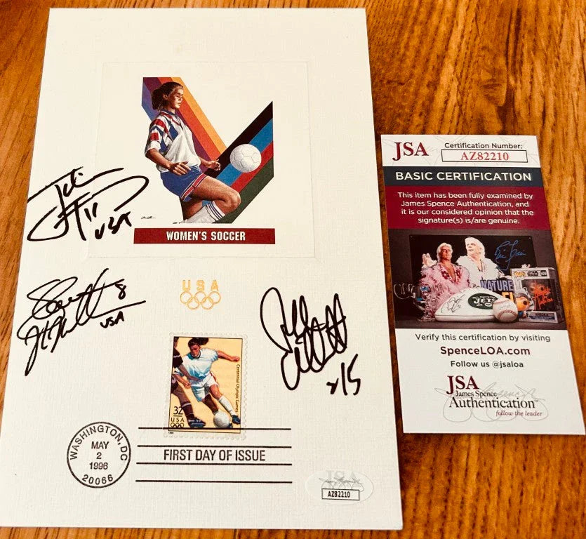 Julie Foudy Shannon MacMillan Tiffeny Milbrett signed 1996 US Olympic Soccer USPS 1st Day card JSA - AutographsForSale.com