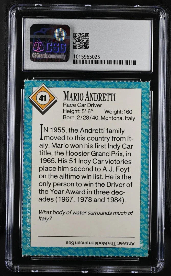 Mario Andretti 1989 SI for Kids Racing card CSG grade 9 MT - AutographsForSale.com