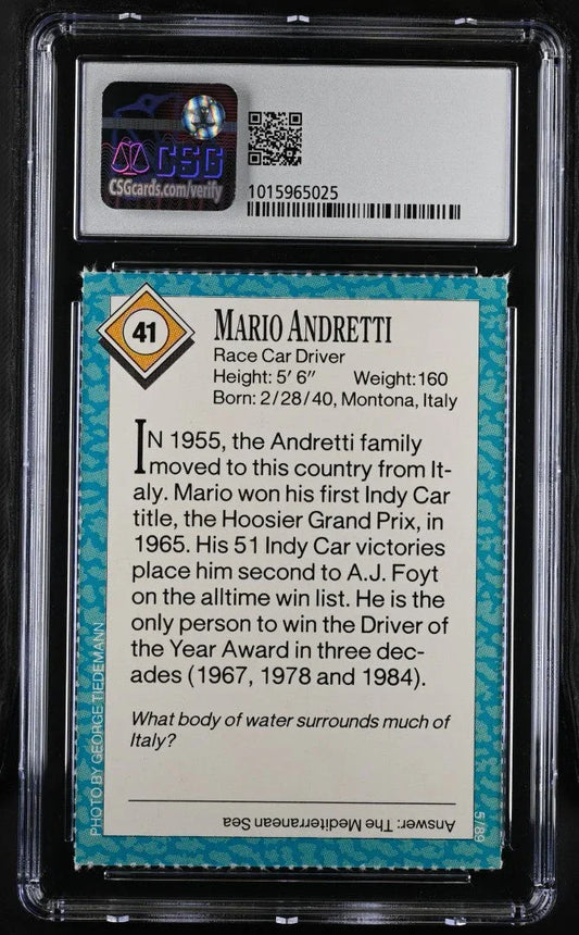 Mario Andretti 1989 SI for Kids Racing card CSG grade 9 MT - AutographsForSale.com