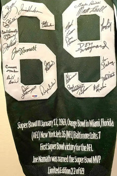1968 New York Jets Super Bowl 3 Champion team autographed jersey Joe Namath PSA/DNA - AutographsForSale.com