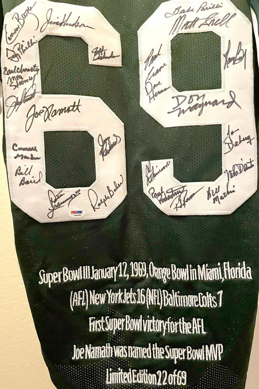 1968 New York Jets Super Bowl 3 Champion Team autographed jersey (Joe Namath) PSA/DNA - AutographsForSale.com
