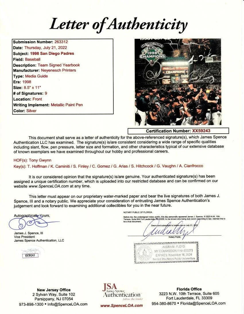 1998 San Diego Padres autographed media guide Ken Caminiti Tony Gwynn Trevor Hoffman Greg Vaughn JSA - AutographsForSale.com