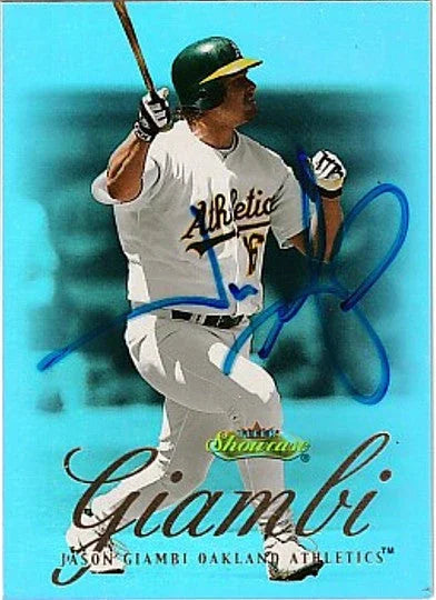 Jason Giambi signed Oakland A’s 2000 Fleer Showcase card - AutographsForSale.com