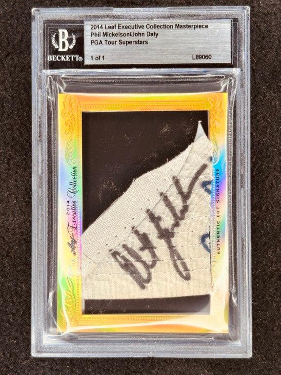 Phil Mickelson & John Daly 2014 Leaf Masterpiece Cut Signature certified signed golf card 1/1 JSA - AutographsForSale.com