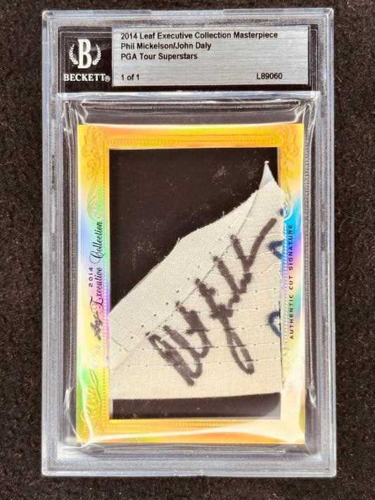 Phil Mickelson & John Daly 2014 Leaf Masterpiece Cut Signature certified signed golf card 1/1 JSA - AutographsForSale.com