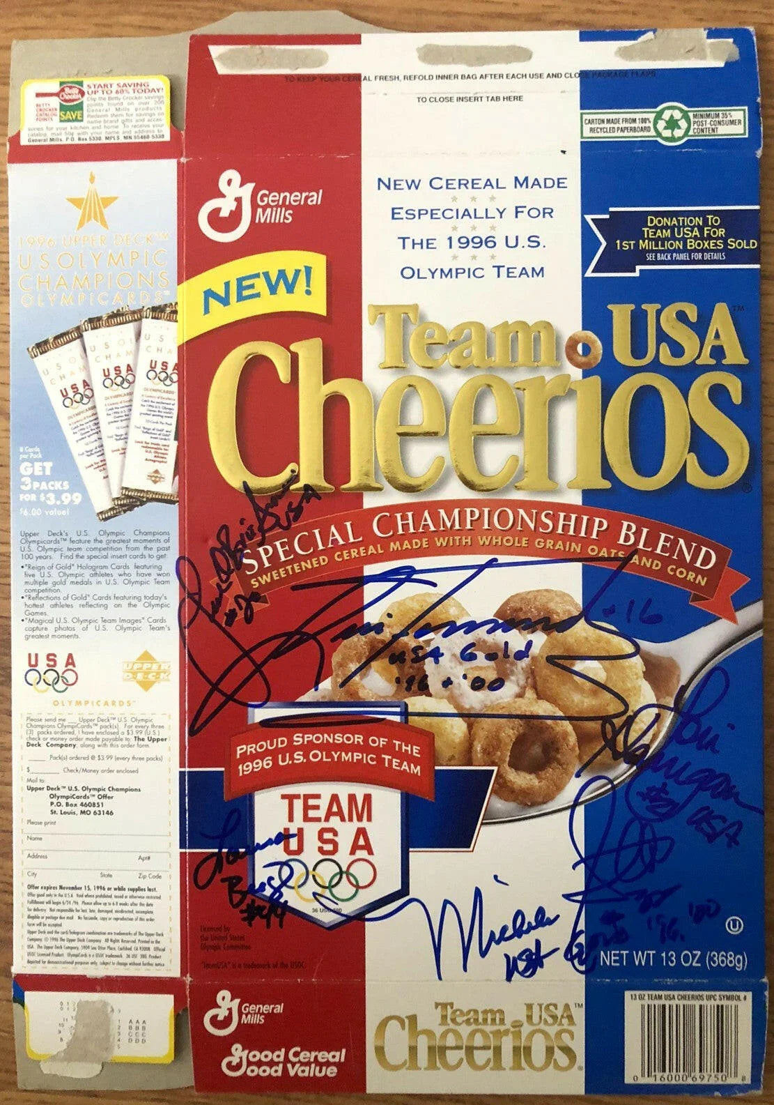 USA softball stars signed 1996 Olympic team Cheerios cereal box Lisa Fernandez Michele Smith - AutographsForSale.com
