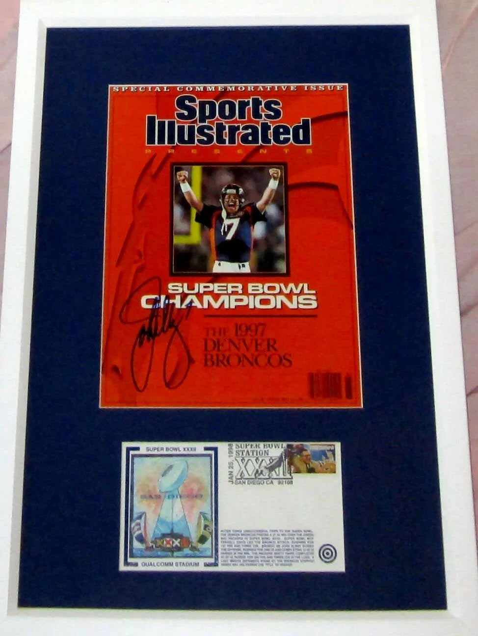 John Elway signed Broncos Sports Illustrated Super Bowl 32 Champions cover framed cachet JSA - AutographsForSale.com