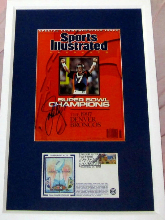 John Elway signed Broncos Sports Illustrated Super Bowl 32 Champions cover framed cachet JSA - AutographsForSale.com