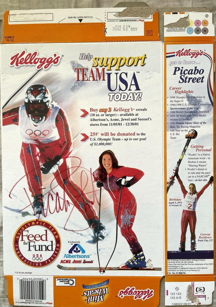 Picabo Street dual signed 1998 Olympics Kellogg’s Mini Wheats cereal box JSA - AutographsForSale.com