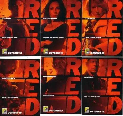RED movie 2010 SDCC 6 card set Morgan Freeman Bruce Willis Karl Urban John Malkovich Helen Mirren - AutographsForSale.com