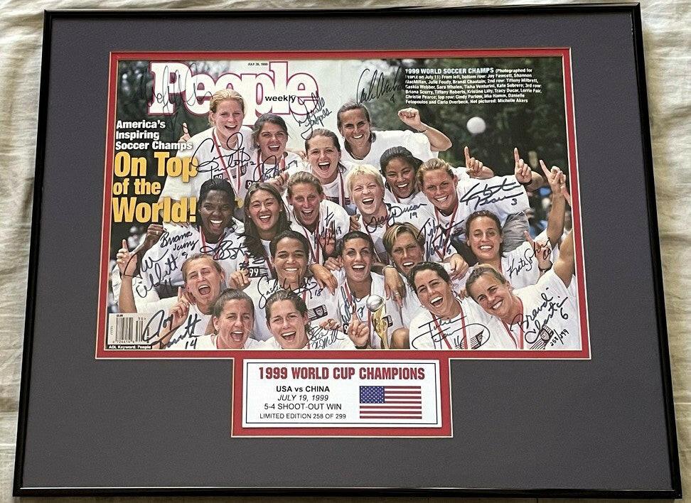 1999 US Women’s World Cup Soccer team autographed People magazine cover framed Mia Hamm USWNT - AutographsForSale.com