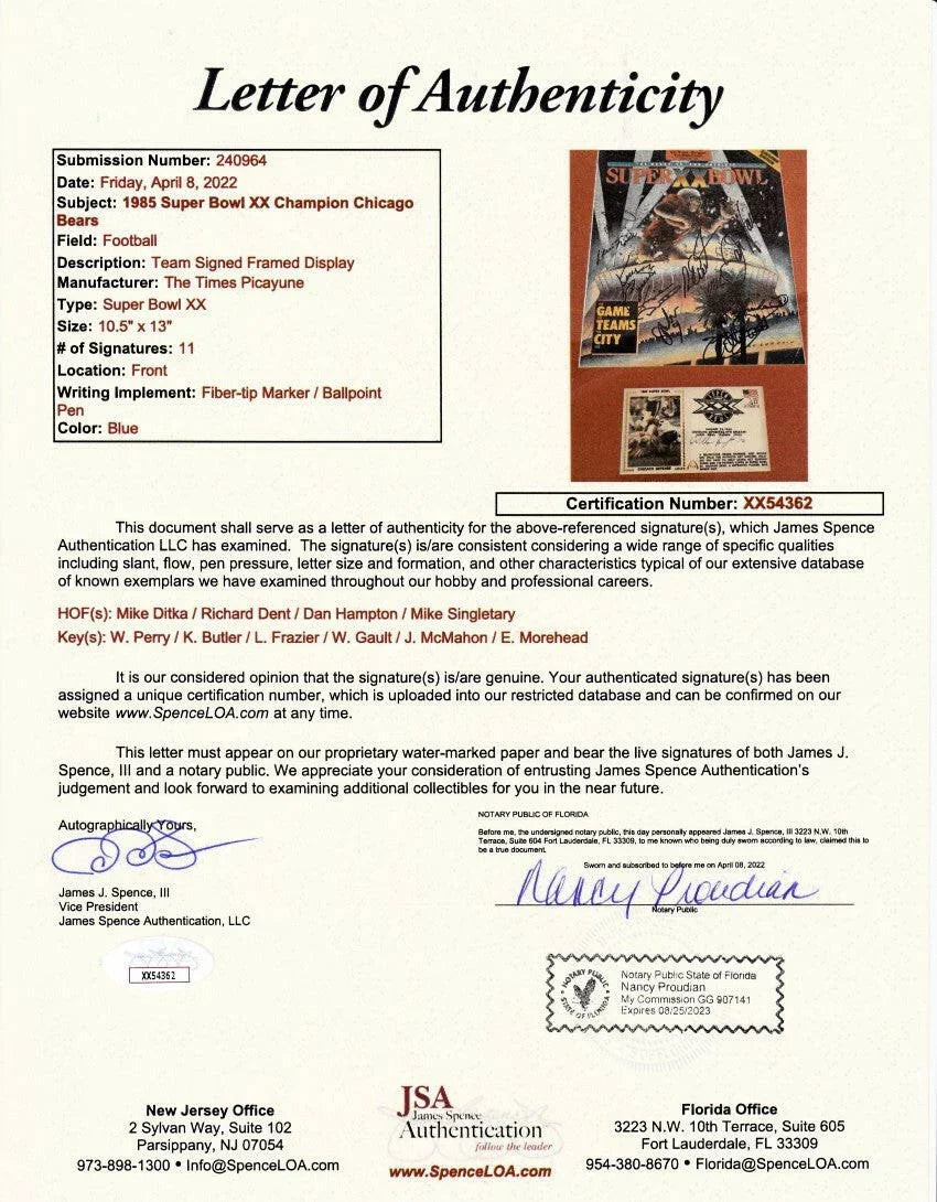 1985 Chicago Bears signed Super Bowl 20 cover framed Mike Ditka Jim McMahon Mike Singletary JSA - AutographsForSale.com