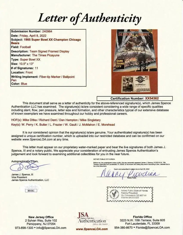 1985 Chicago Bears signed Super Bowl 20 cover framed Mike Ditka Jim McMahon Mike Singletary JSA - AutographsForSale.com