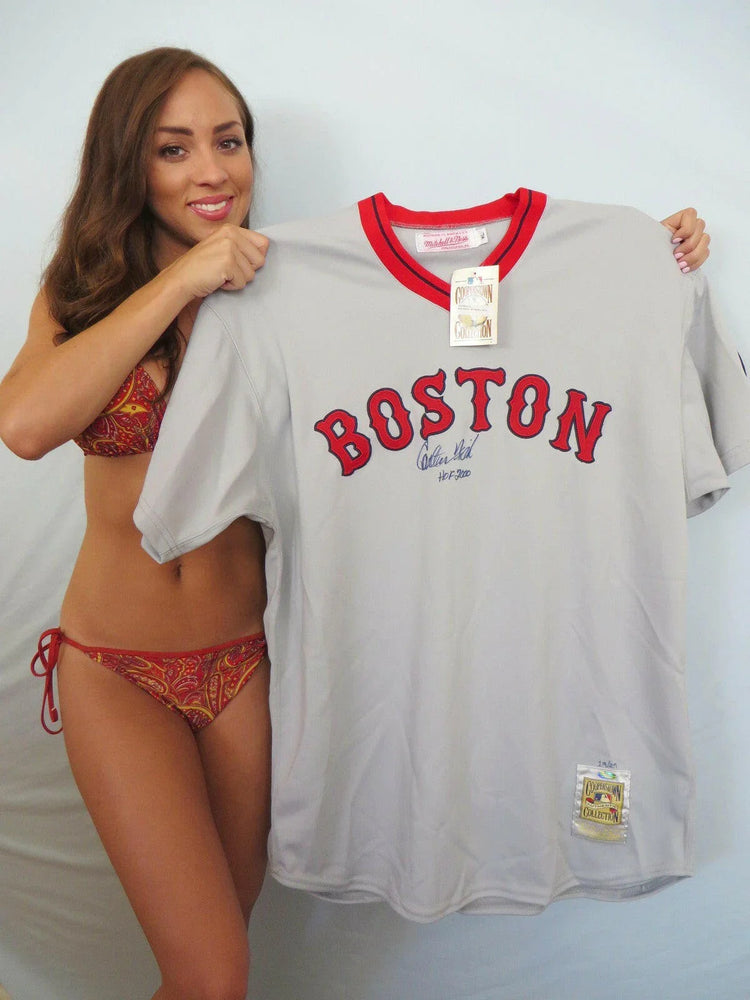 Carlton Fisk signed 1975 Red Sox Mitchell & Ness jersey w/ HOF 2000 Steiner - AutographsForSale.com